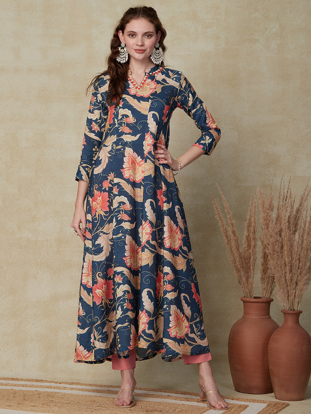 Floral Printed Resham & Pearl Embroidered Paneled Maxi Dress - Blue