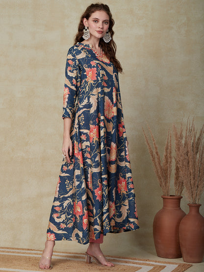 Floral Printed Resham & Pearl Embroidered Paneled Maxi Dress - Blue