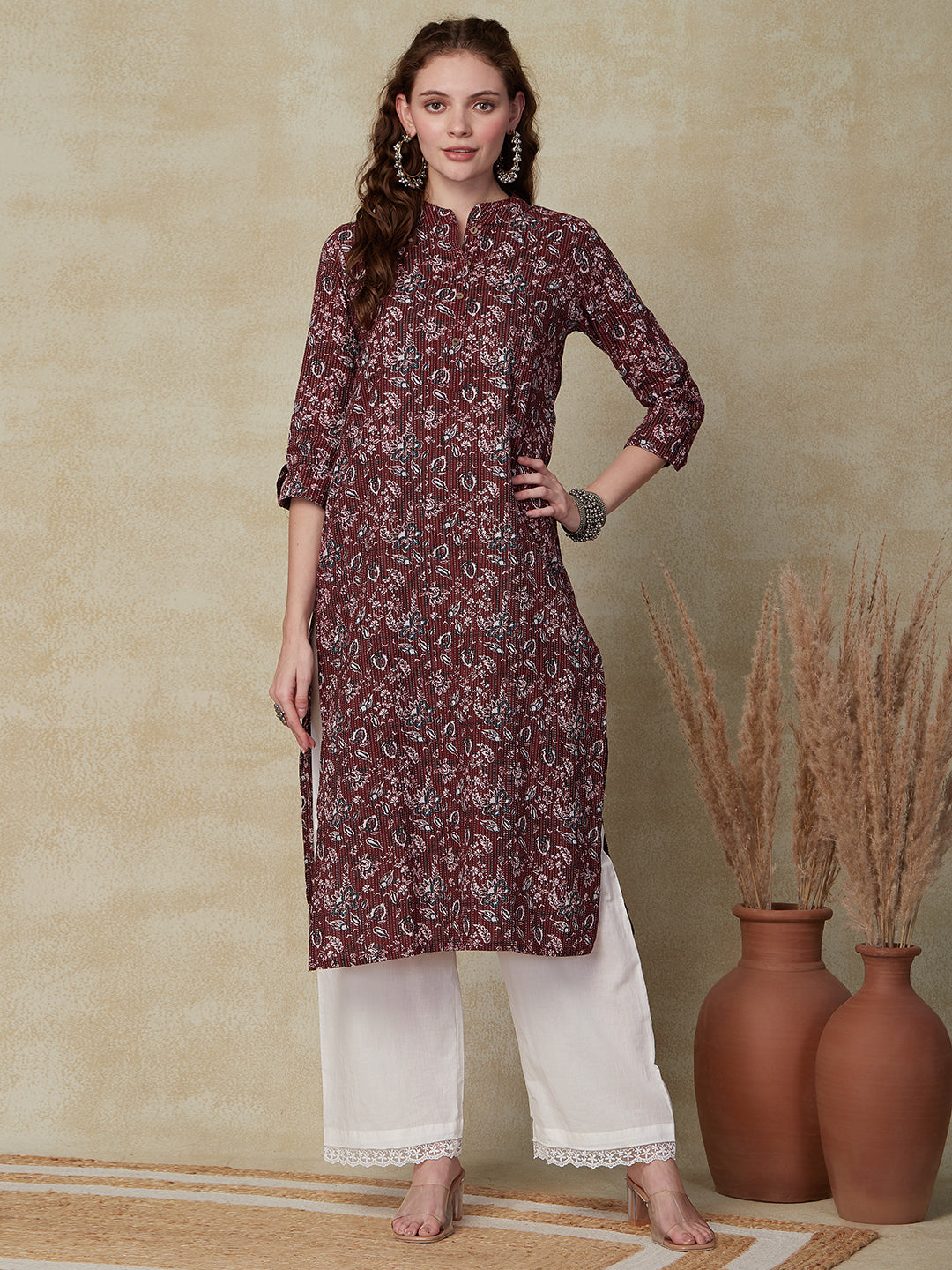 Floral Printed Woven Striped Wooden Buttoned Kurta - Maroon