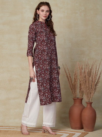 Floral Printed Woven Striped Wooden Buttoned Kurta - Maroon