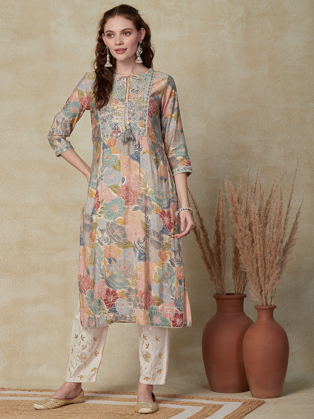 Floral Printed Zari, Mirror & Sequins Embroidered Kurta - Multi & Cream