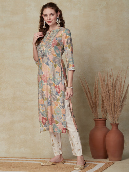 Floral Printed Zari, Mirror & Sequins Embroidered Kurta - Multi & Cream