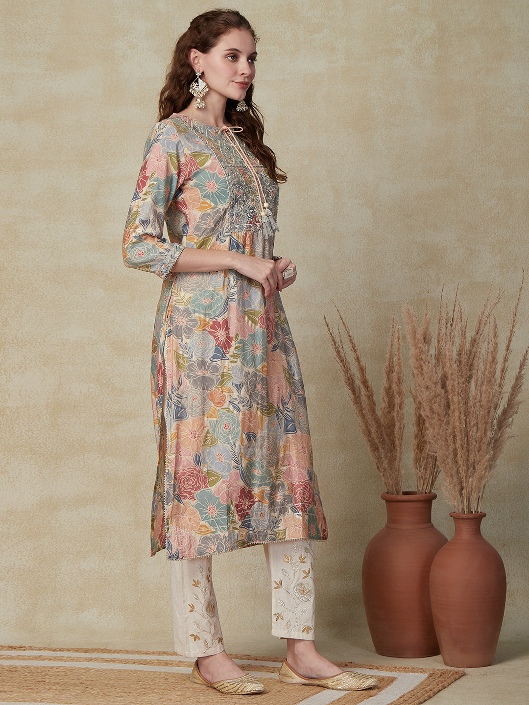 Floral Printed Zari, Mirror & Sequins Embroidered Kurta - Multi & Cream