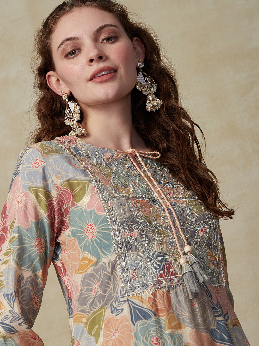 Floral Printed Zari, Mirror & Sequins Embroidered Kurta - Multi & Cream
