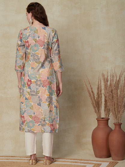 Floral Printed Zari, Mirror & Sequins Embroidered Kurta - Multi & Cream