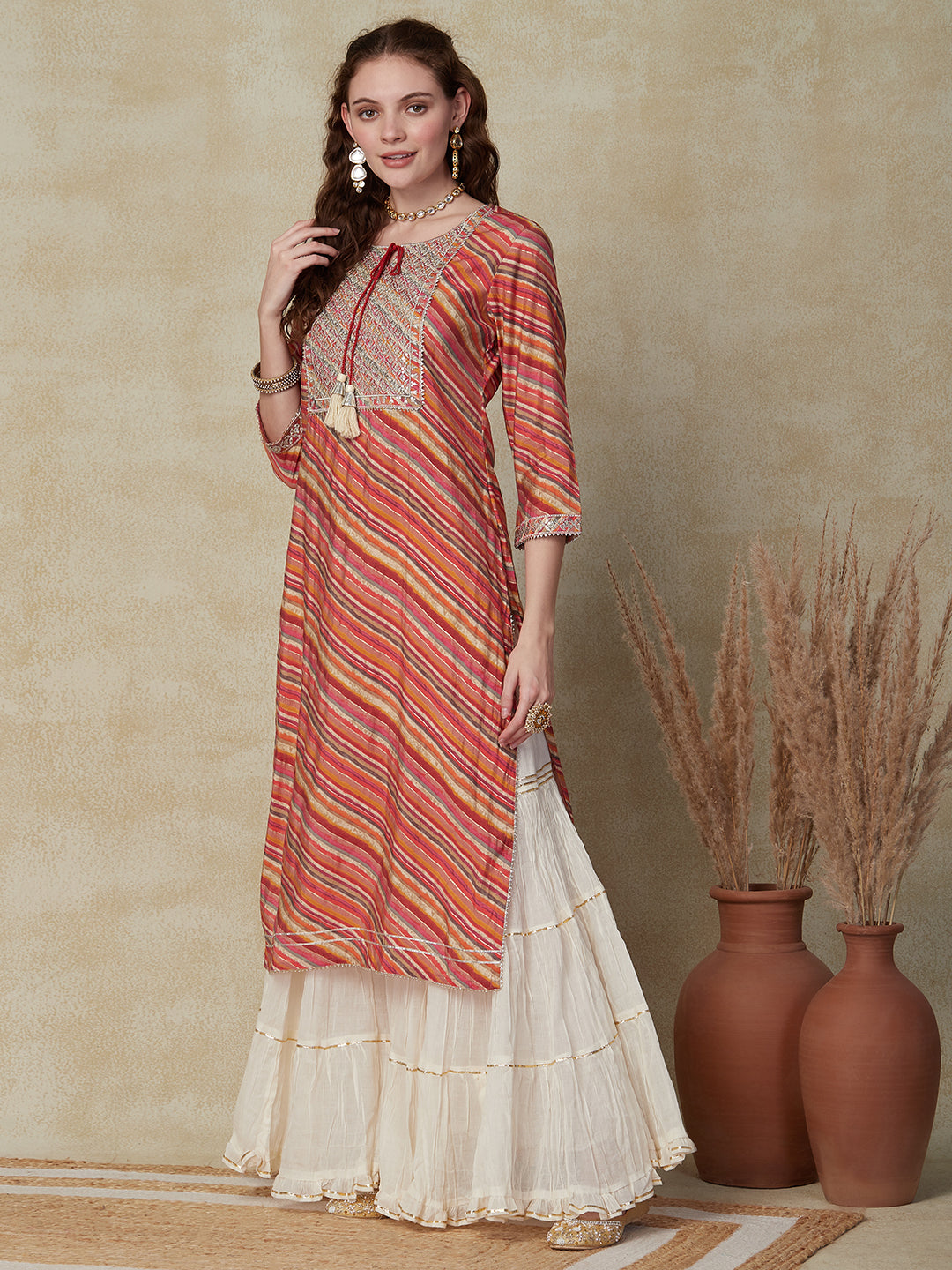 Lehriya Foil Printed Zari & Sequins Embroidered Kurta - Multi