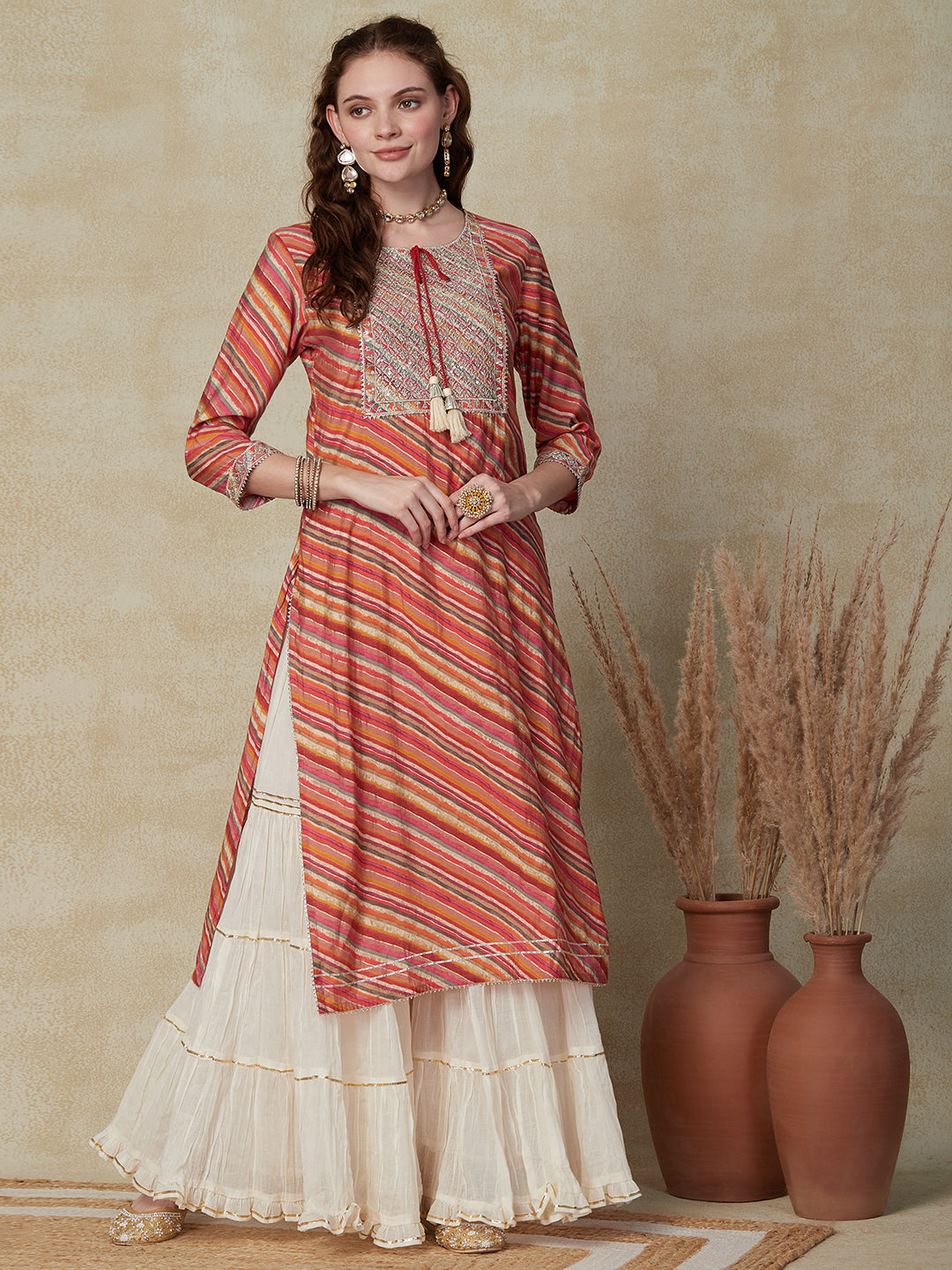 Lehriya Foil Printed Zari & Sequins Embroidered Kurta - Multi