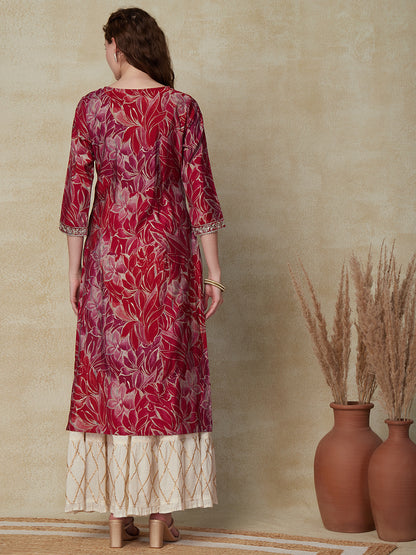 Floral Foil Printed Zari & Sequins Embroidered Kurta - Magenta & Multi