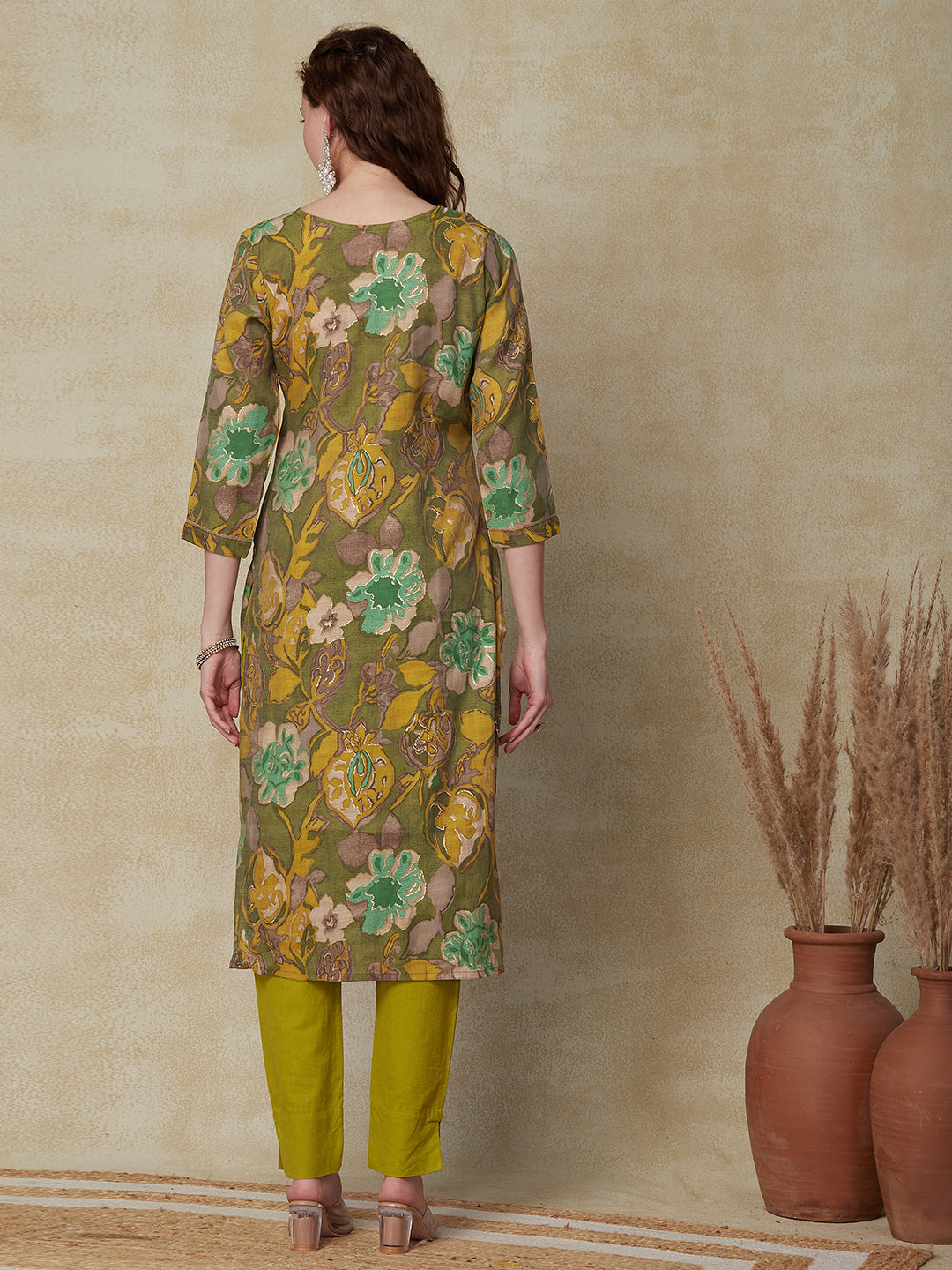 Abstract Printed Zari Dori & Sequins Embroidered Kurta - Green