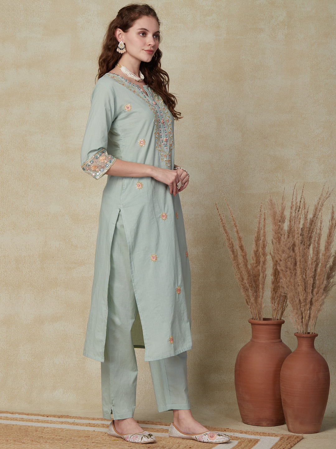 Solid Ethnic Floral Embroidered Straight Fit Kurta with Pant - Mint Green