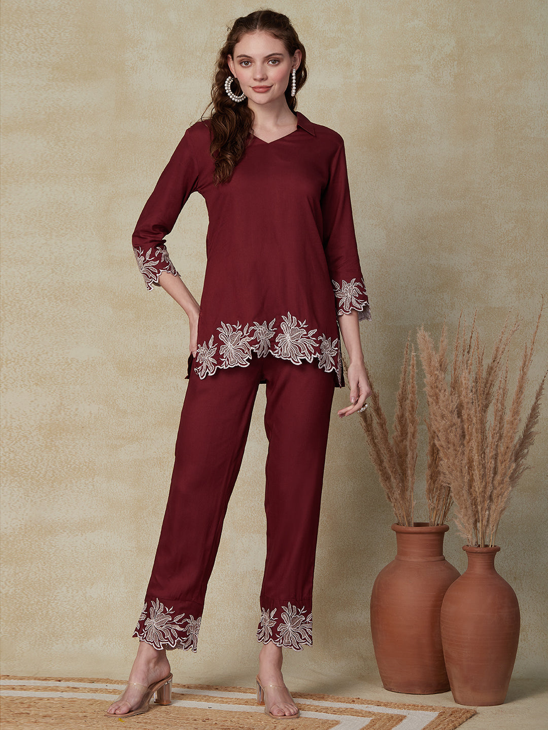 Floral Embroidered Straight Fit Co-ord Set - Maroon