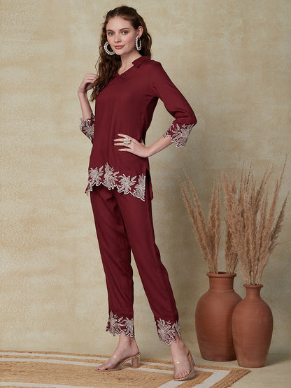Floral Embroidered Straight Fit Co-ord Set - Maroon