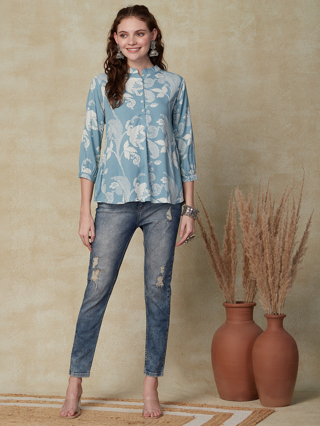 Floral Printed Mother-of-Pearl Buttoned Kurti - Blue