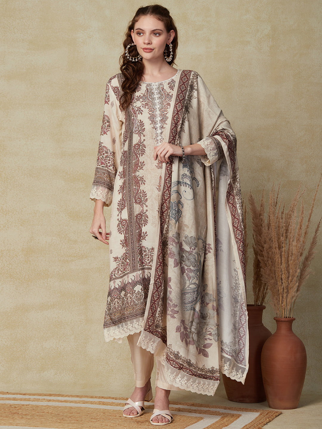 Floral Printed Beads & Resham Embroidered Lace Work Kurta with Pants & Dupatta - Off White