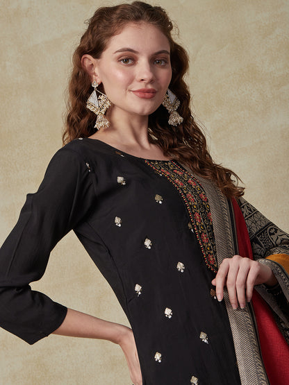 Solid Resham & Sequins Embroidered Kurta with Pants & Printed Dupatta - Black