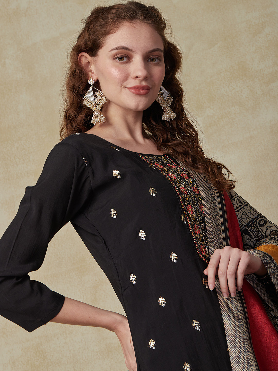 Solid Resham & Sequins Embroidered Kurta with Pants & Printed Dupatta ...