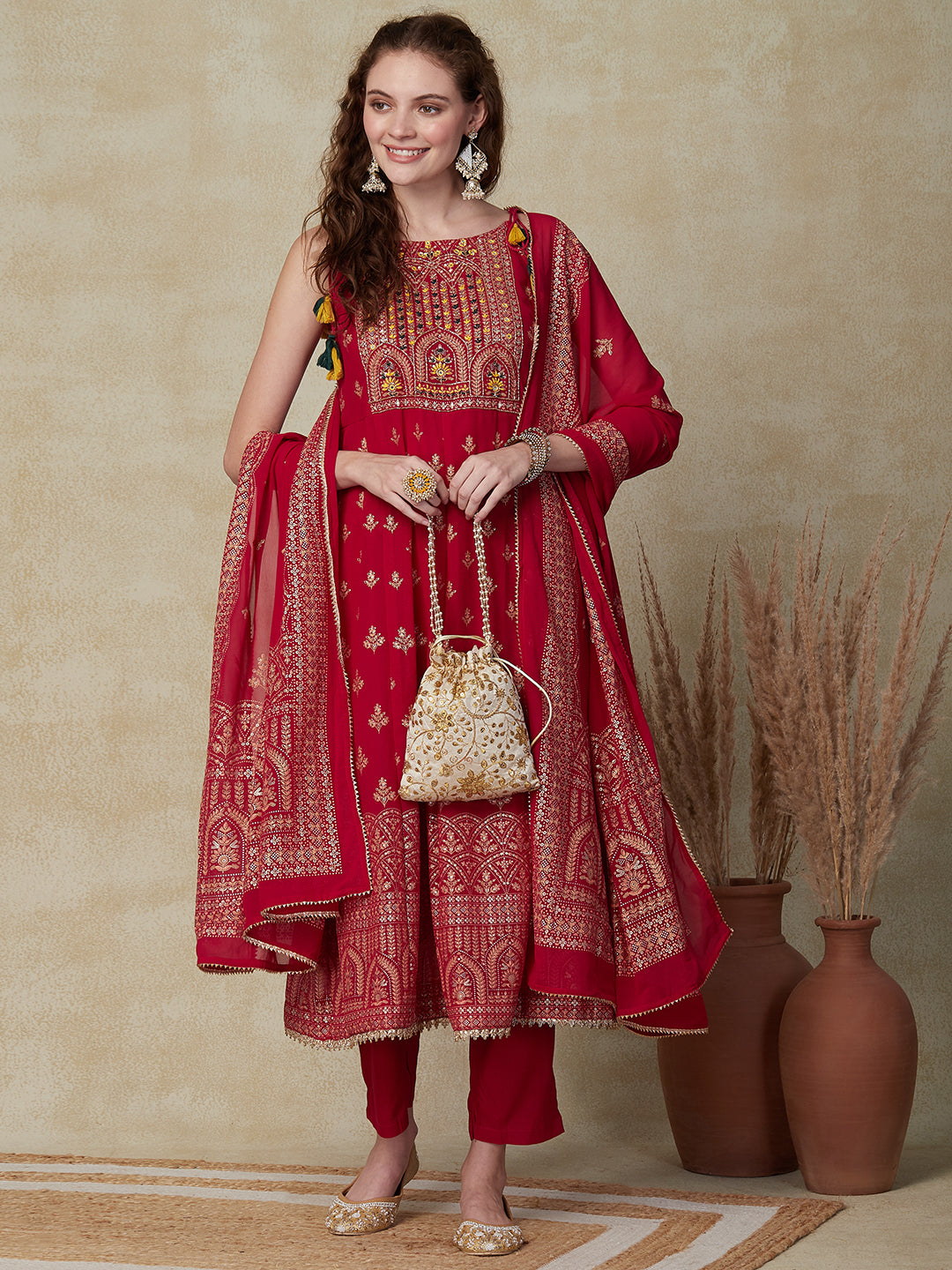 Floral Printed Mirror & Aari Embroidered Anarkali Kurta with Pants & Dupatta - Red