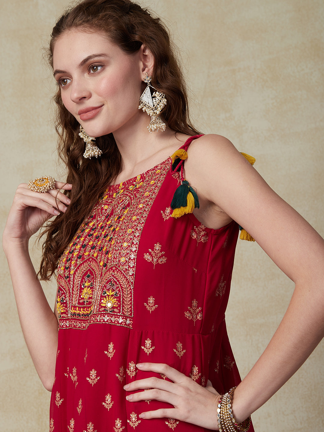 Floral Printed Mirror & Aari Embroidered Anarkali Kurta with Pants & Dupatta - Red