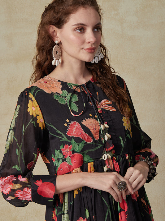 Floral Printed Mirror & Zari Embroidered Shell Embellished Midi Dress - Black