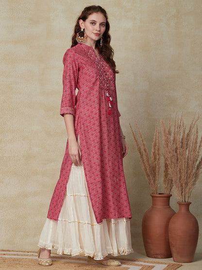 Ethnic Bandhani Printed & Embroidered Straight Fit Kurta - Pink