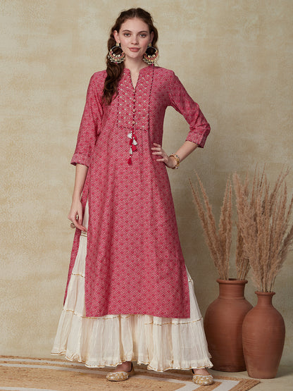 Ethnic Bandhani Printed & Embroidered Straight Fit Kurta - Pink
