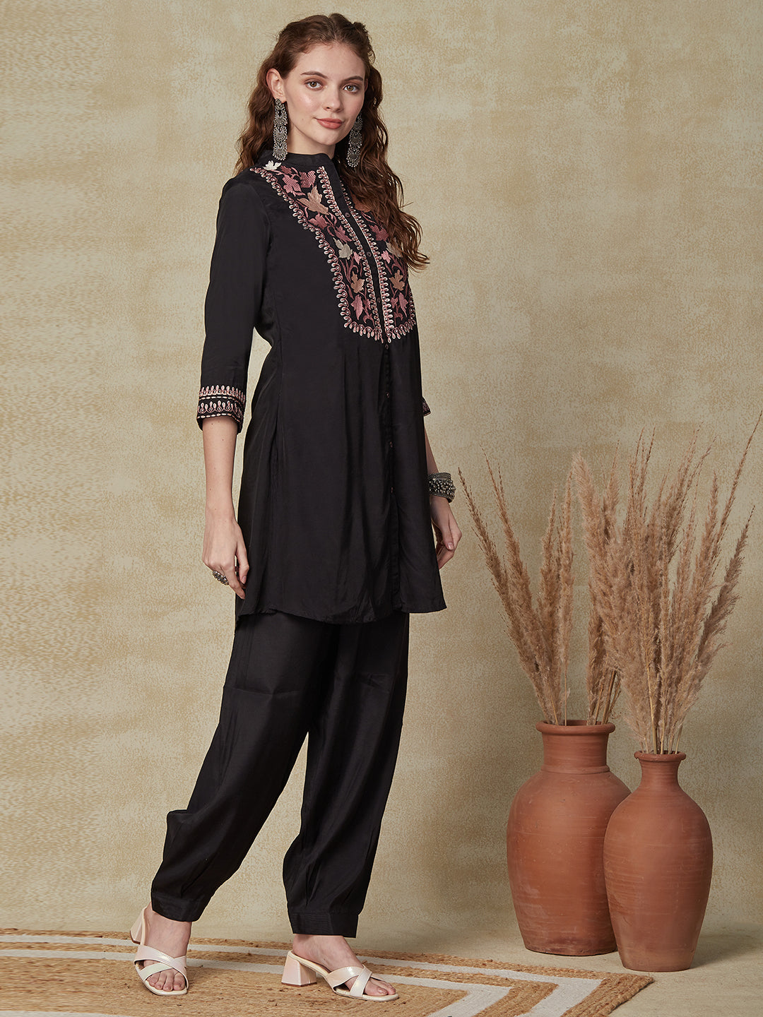 Solid Resham Embroidered Shirt with Salwar Pants Indo Western Co-ord Set - Black