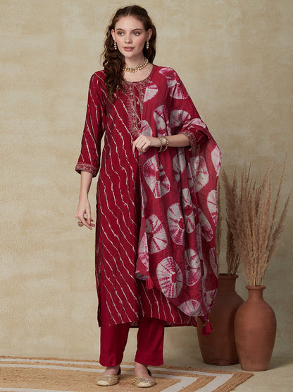Lehriya Printed Resham & Zari Embroidered Kurta with Pants & Tie-Dye Dupatta - Maroon