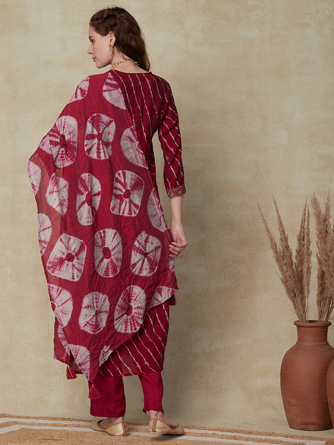 Lehriya Printed Resham & Zari Embroidered Kurta with Pants & Tie-Dye Dupatta - Maroon