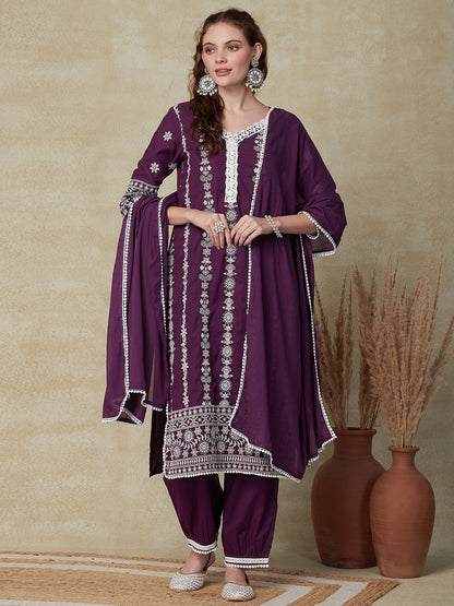Solid Resham Embroidered Kurta with Salwar & Dupatta - Violet