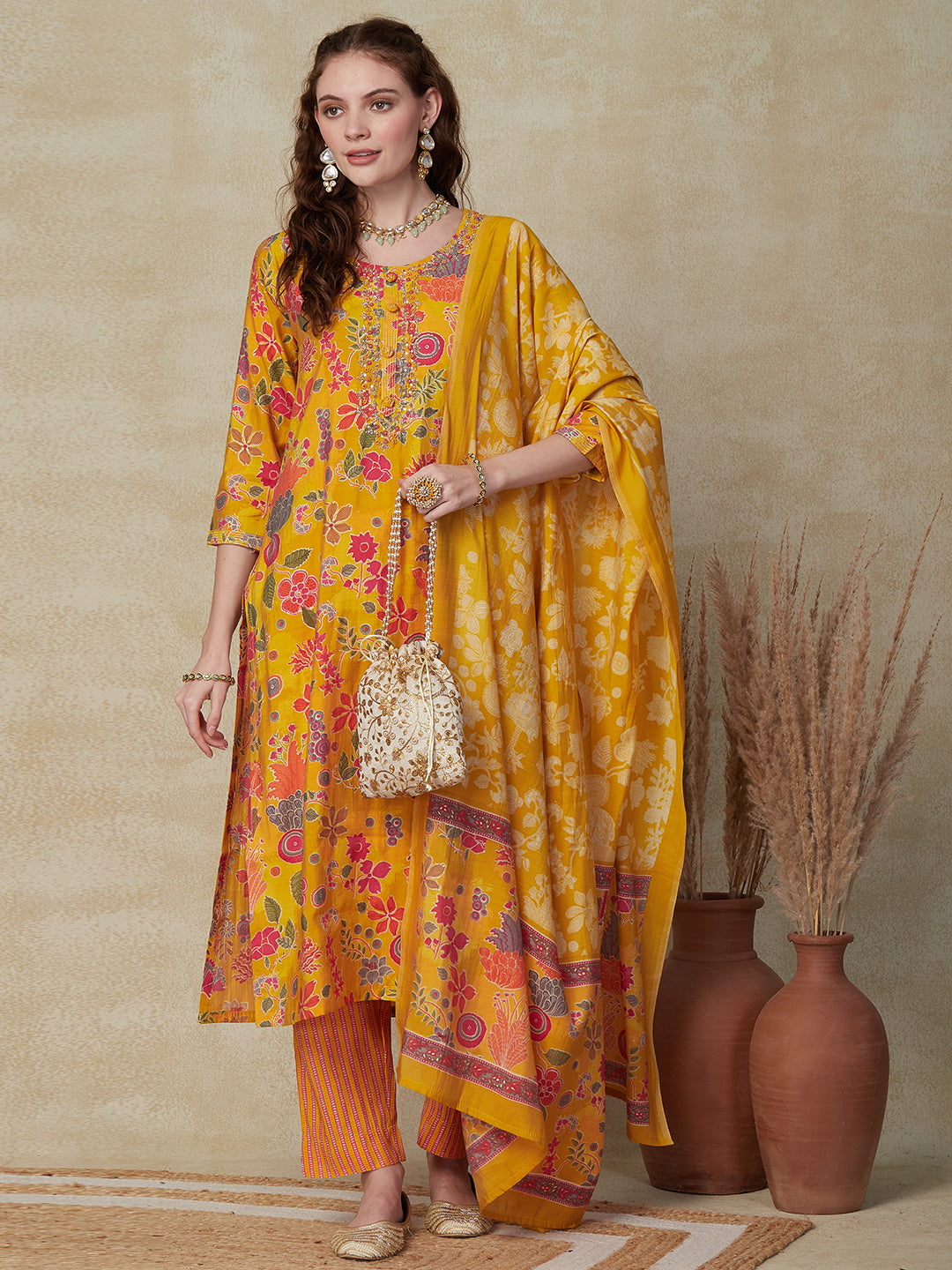 Floral Printed Cutdana, Beads & Sequins Embroidered Kurta with Pants & Dupatta - Yellow