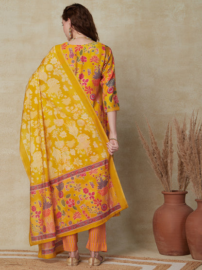 Floral Printed Cutdana, Beads & Sequins Embroidered Kurta with Pants & Dupatta - Yellow