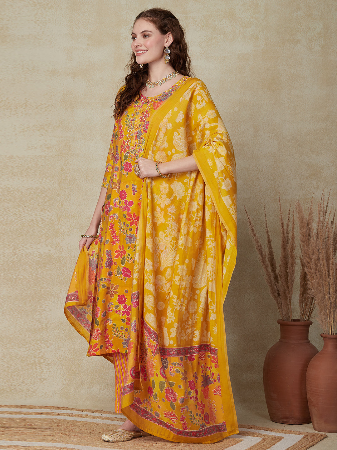 Floral Printed Cutdana, Beads & Sequins Embroidered Kurta with Pants & Dupatta - Yellow