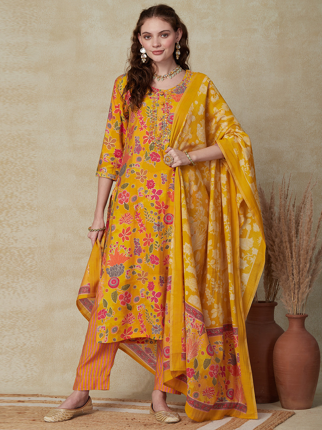 Floral Printed Cutdana, Beads & Sequins Embroidered Kurta with Pants & Dupatta - Yellow