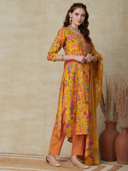 Floral Printed Cutdana, Beads & Sequins Embroidered Kurta with Pants & Dupatta - Yellow