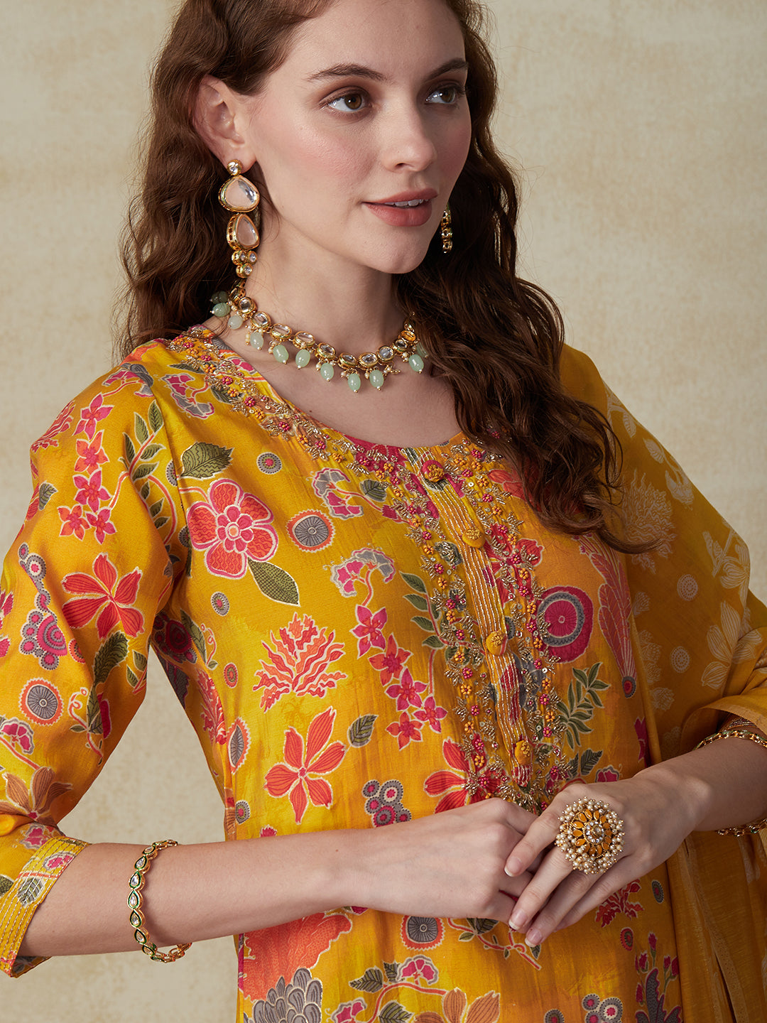 Floral Printed Cutdana, Beads & Sequins Embroidered Kurta with Pants & Dupatta - Yellow