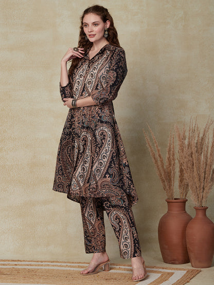 Ethnic Paisley Printed A-Line Paneled Kurta with Pant - Black