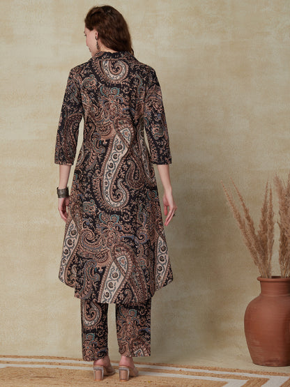 Ethnic Paisley Printed A-Line Paneled Kurta with Pant - Black