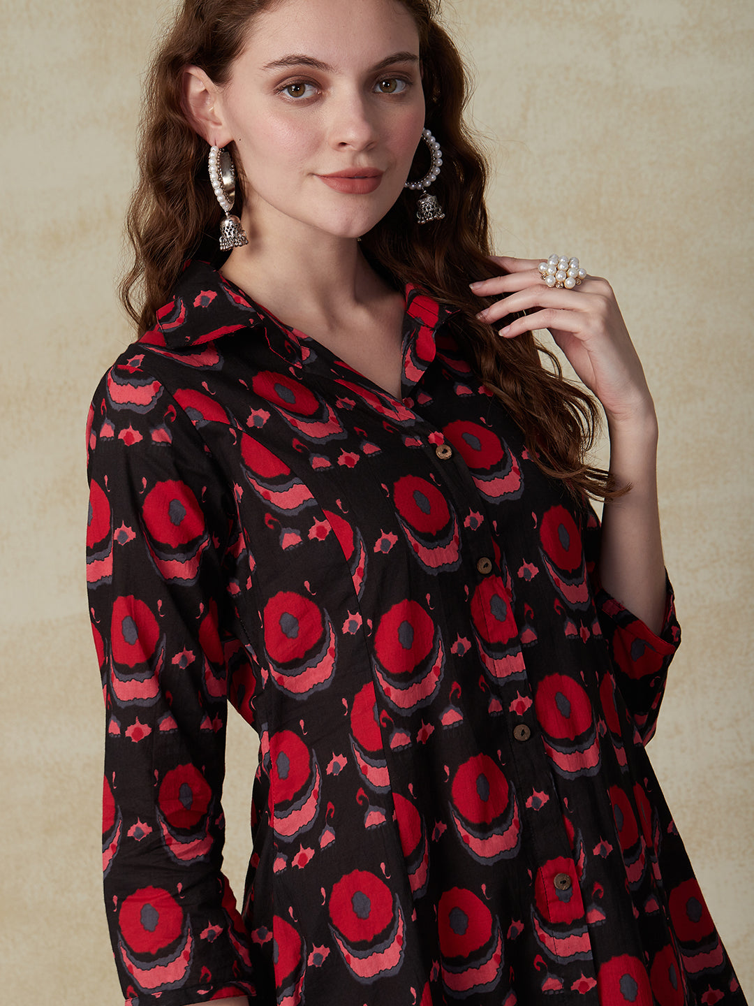 Abstract Printed Paneled A-line High-Low Hem Kurta with Pants - Black & Red