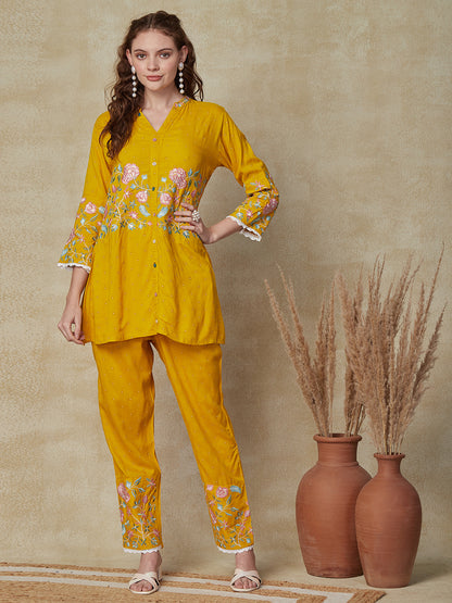 Ethnic Printed Resham & Mirror Embroidered Kurta with Pants Indo-Western Co-ord Set - Yellow