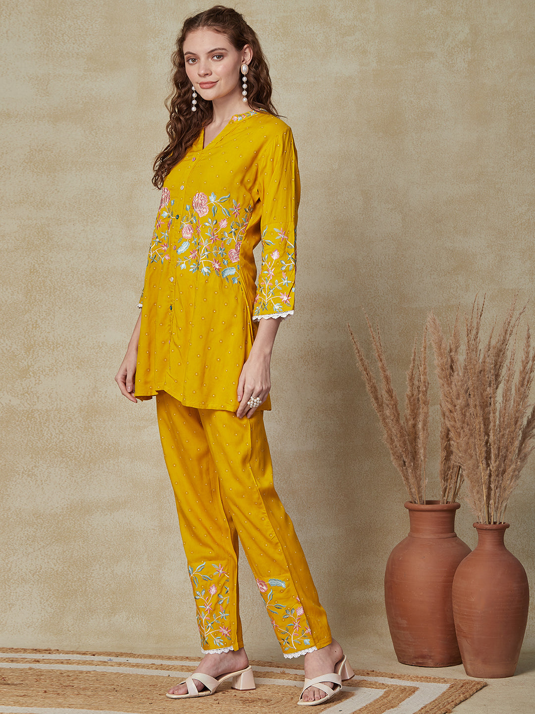 Ethnic Printed Resham & Mirror Embroidered Kurta with Pants Indo-Western Co-ord Set - Yellow