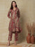 Ethnic Printed Wooden Buttoned Paneled A-line Kurta with Pants - Red