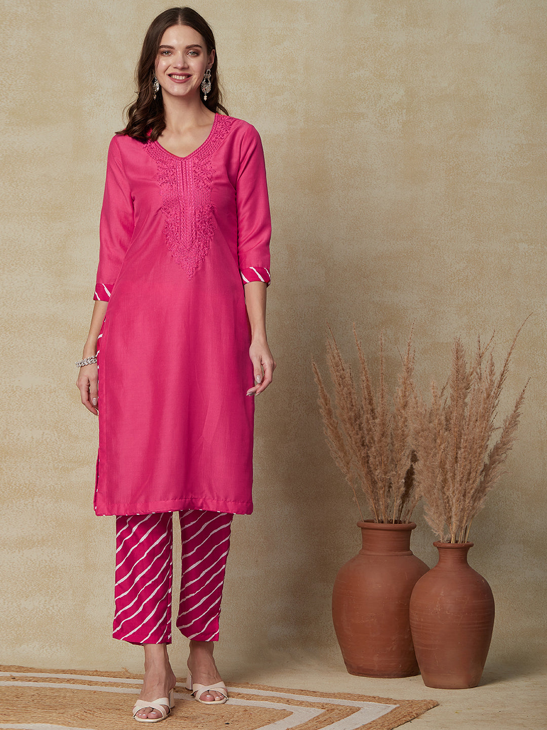 Solid Resham Embroidered Kurta with Lehriya Pants - Pink