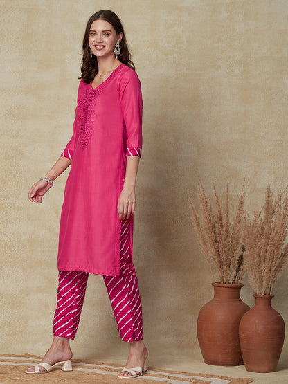 Solid Resham Embroidered Kurta with Lehriya Pants - Pink