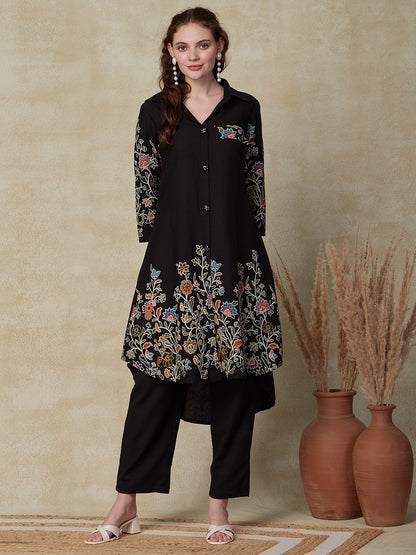 Floral Printed A-Line Kurta with Pant - Black