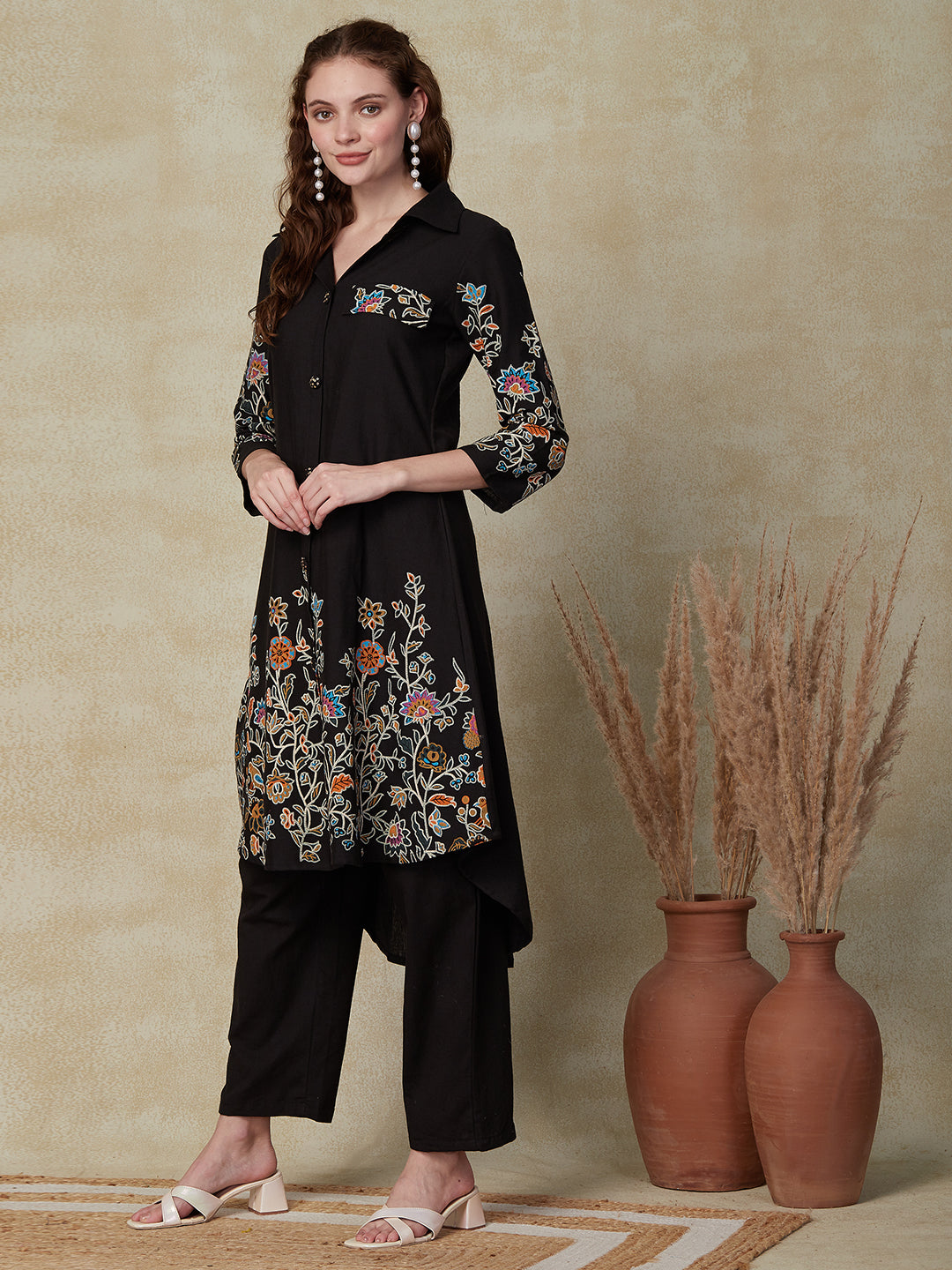 Floral Printed A-Line Kurta with Pant - Black