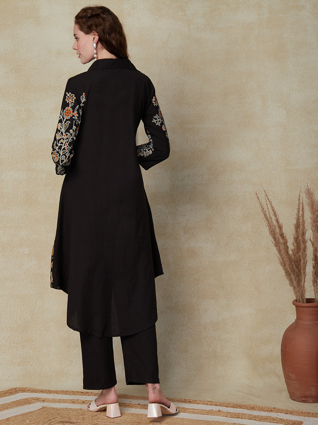 Floral Printed A-Line Kurta with Pant - Black