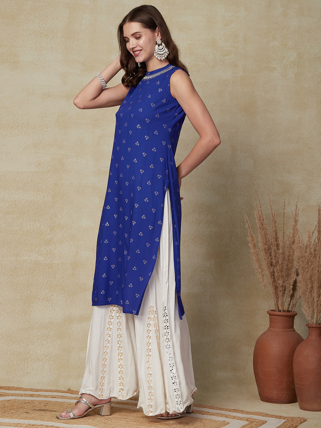 Abstract Printed Zari Embroidered Kurta - Blue