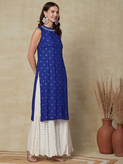 Abstract Printed Zari Embroidered Kurta - Blue