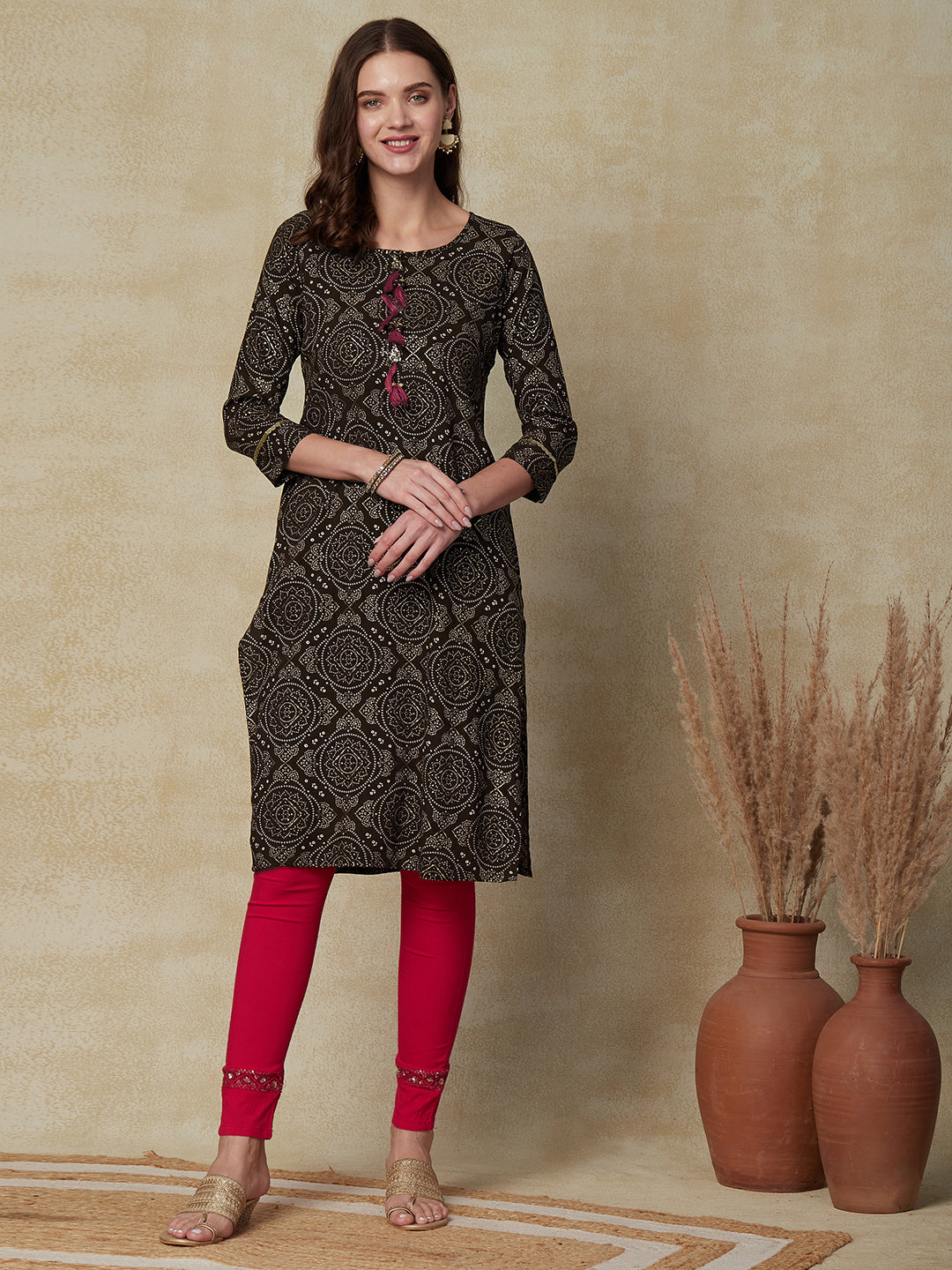 Ethnic Printed Sequins Embroidered Tasseled Kurta - Brown