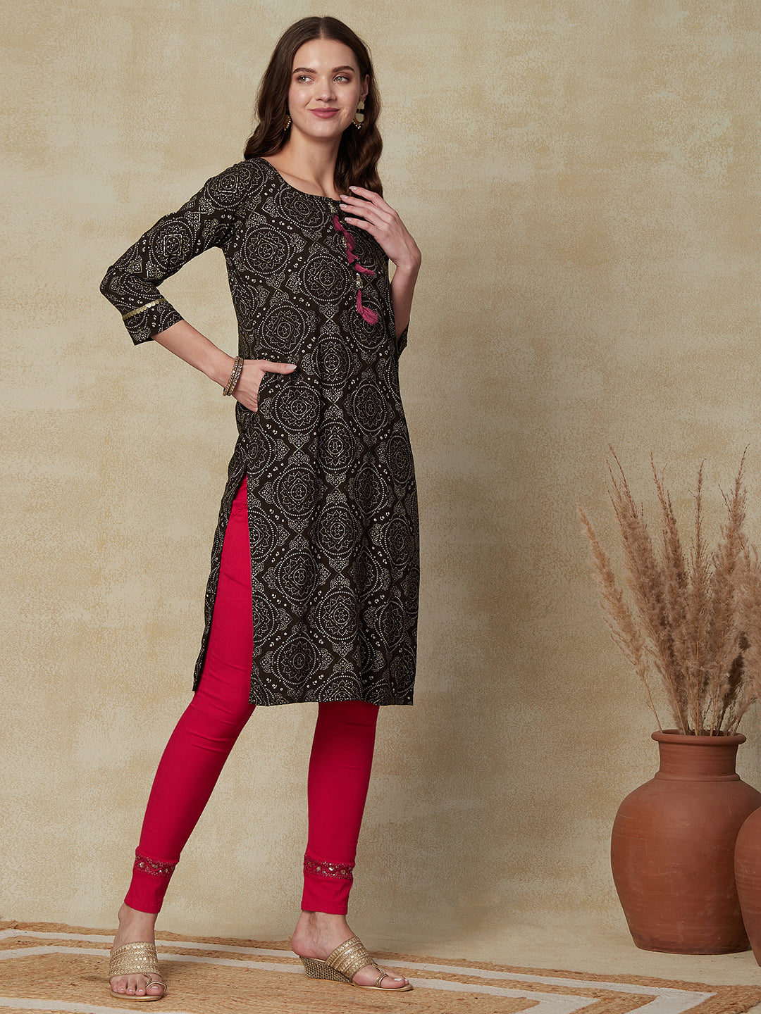 Ethnic Printed Sequins Embroidered Tasseled Kurta - Brown